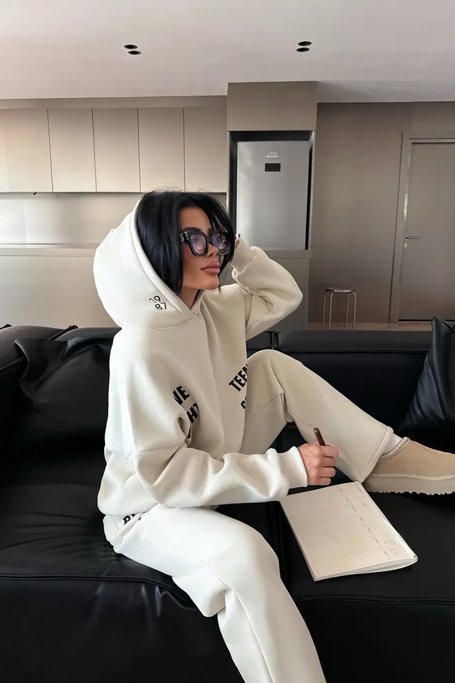 EYYO ATELIER Beige Oversized Fit Tracksuit With Kangaroo Pocket Wholesale Clothing Casual