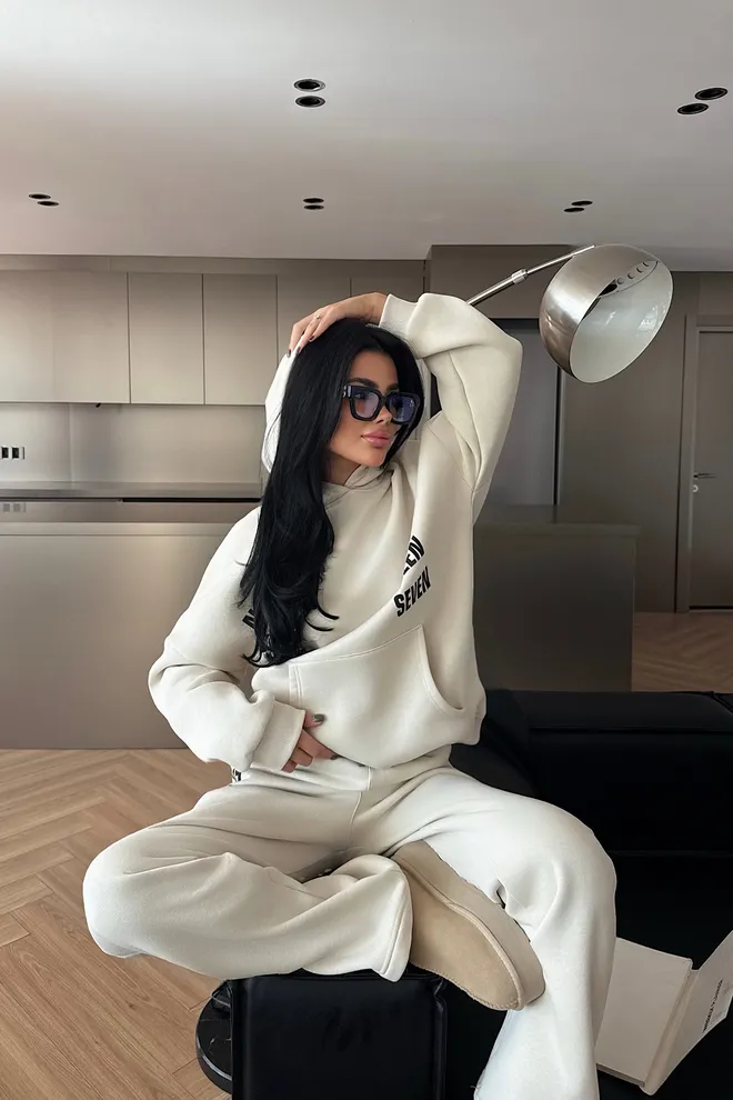 EYYO ATELIER Beige Oversized Fit Tracksuit With Kangaroo Pocket Wholesale Clothing 1