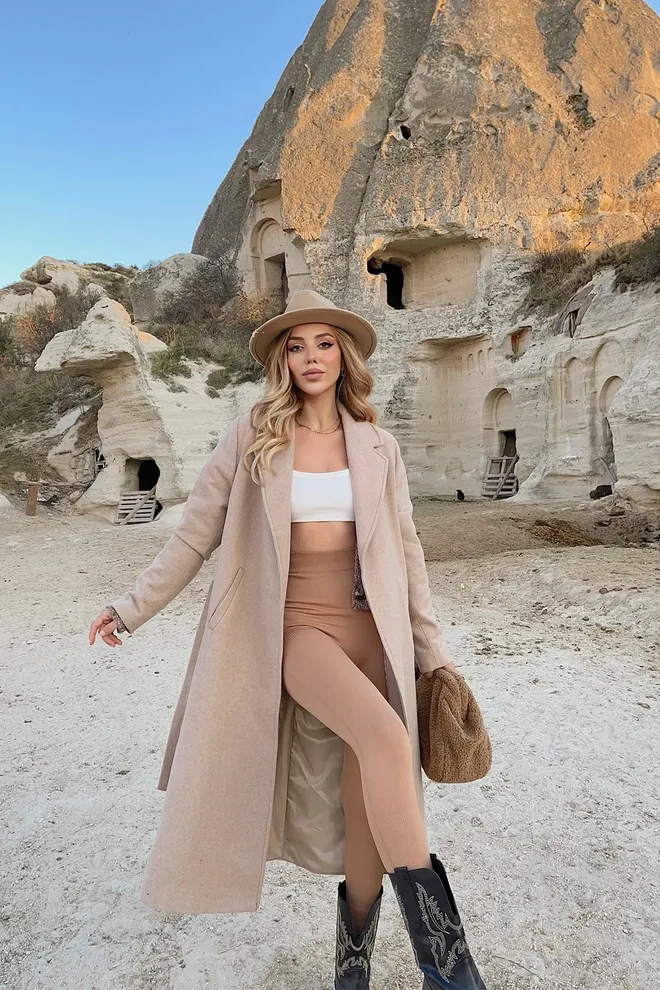 EYYO ATELIER Casaco Longo Bege Elegante De Um Só Peito Roupas por atacado Primavera