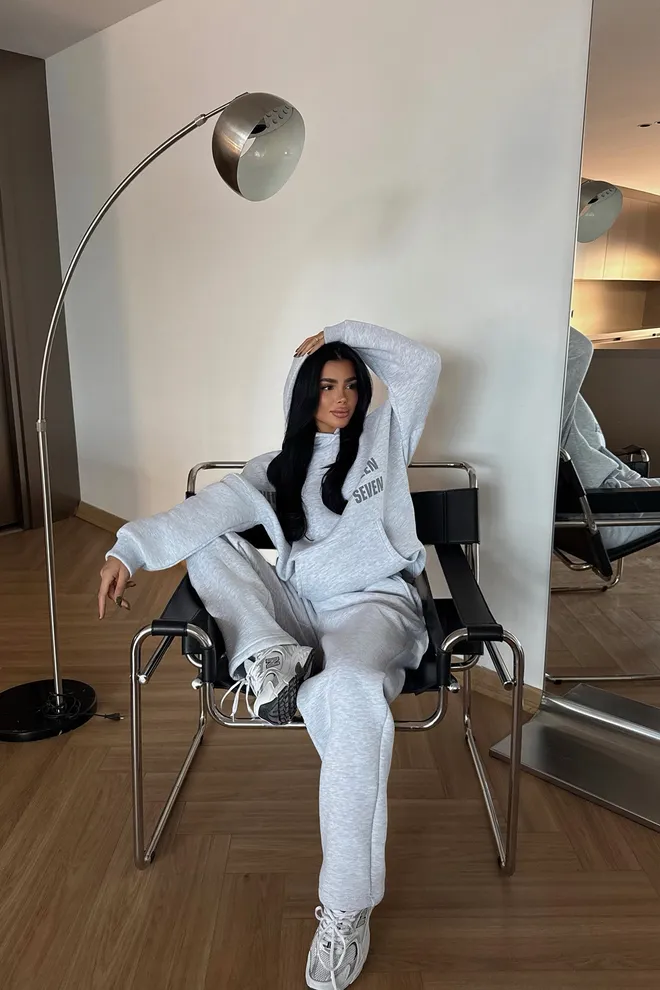 EYYO ATELIER Grey Tracksuit With Hooded Neck And Kangaroo Pocket Wholesale Clothing Lounge