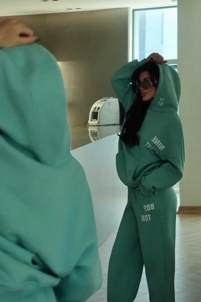 EYYO ATELIER Green Tracksuit Oversized Jogger With Hooded Neck Wholesale Clothing Sport