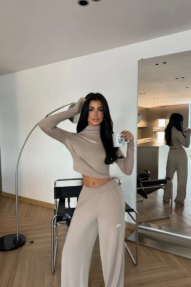 EYYO ATELIER Beige Tracksuit Oversized Fit Jogger With High Neck Wholesale Clothing Spring