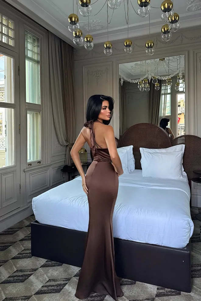 EYYO ATELIER Brown Sexy Elegant Formal Glam Slip Dress Wholesale Clothing Formal