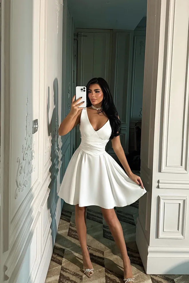 EYYO ATELIER White Fit And Flare Mini Dress With V Neck And Cap Sleeves Wholesale Clothing Sexy