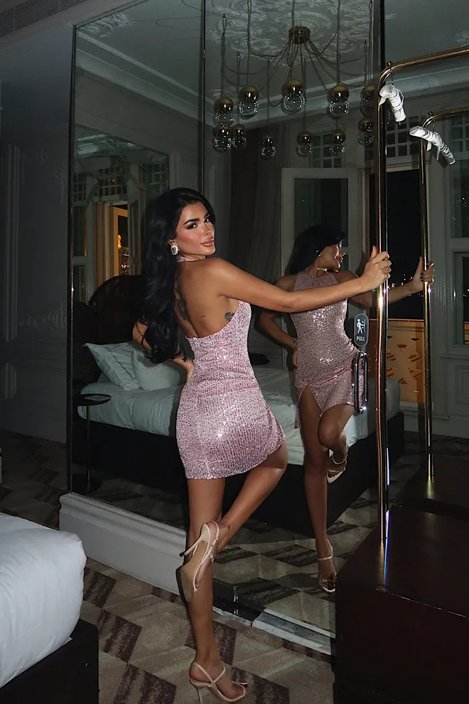 EYYO ATELIER Розовое Сексуальное Облегающее Мини Платье С Пайетками Оптовая продажа одежды Формальный