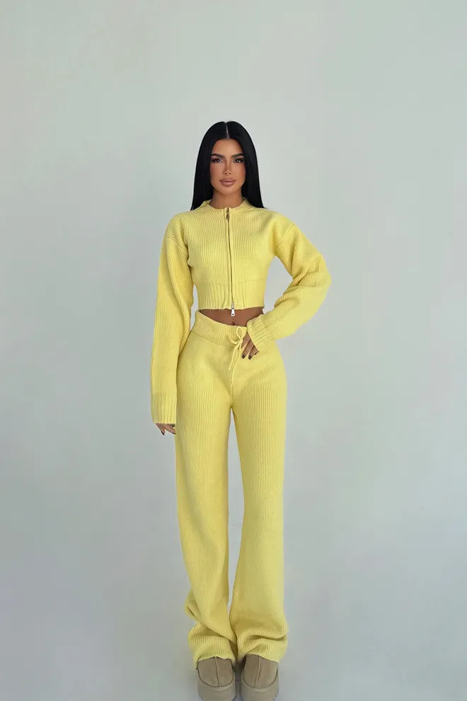EYYO ATELIER Żółty Elegancki Casual Garnitur Z Spodnia Palazzo Hurtowa sprzedaż odzieży Casual