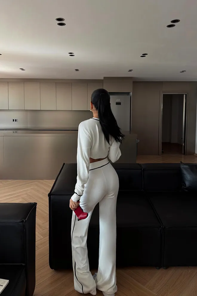 EYYO ATELIER Beyaz Zarif Geniş Paça Palazzo Pantolonlu Takım Toptan Giyim Spor Giyim