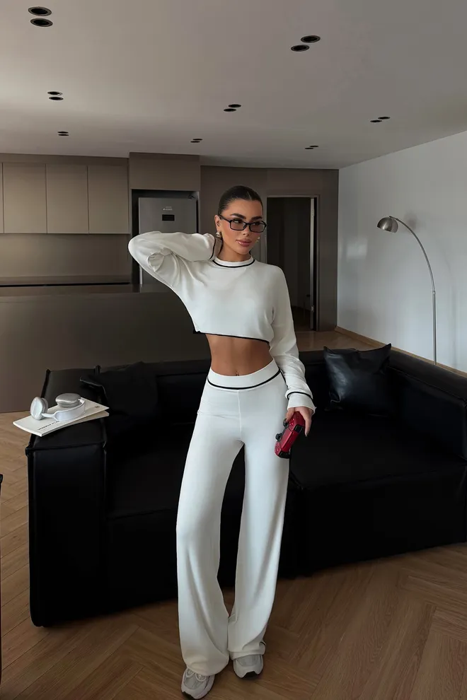 EYYO ATELIER Beyaz Zarif Geniş Paça Palazzo Pantolonlu Takım Toptan Giyim Ev Hali