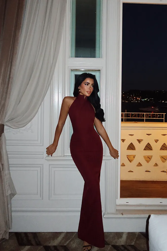 EYYO ATELIER Бордо Црвена Омотач Хаљина Са Врат Са Мреном Велепродаја одеће Секси