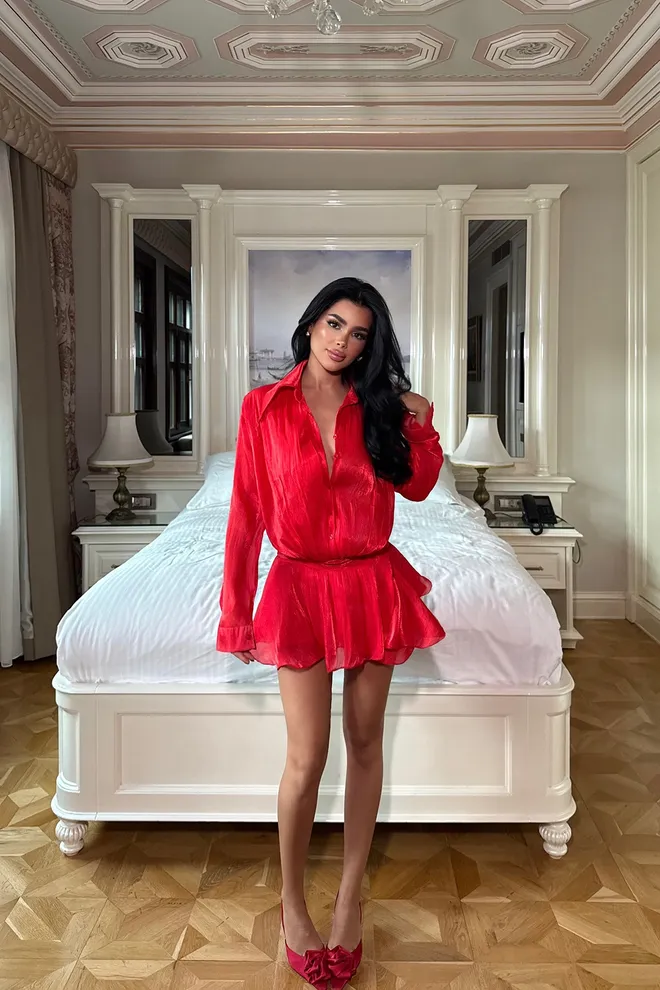EYYO ATELIER Kırmızı Seksi Zarif Işıltılı Resmi Gömlek Elbise Toptan Giyim Seksi