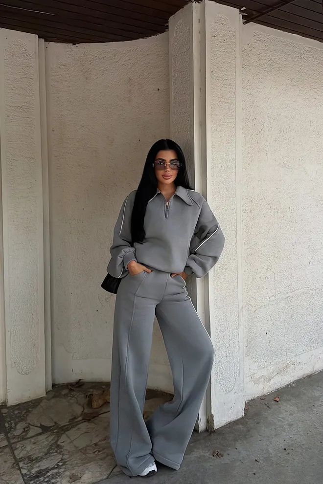 EYYO ATELIER Tuta Sportiva Grigia Oversize Con Pantaloni Palazzo Abbigliamento all'ingrosso Da cocktail