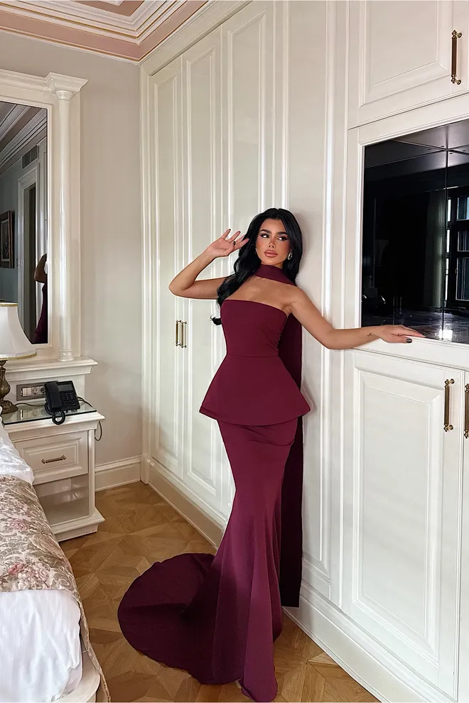 EYYO ATELIER Eleganten Bordo Obleka Blazer Brez Naramnic Oblačila na debelo Seksi