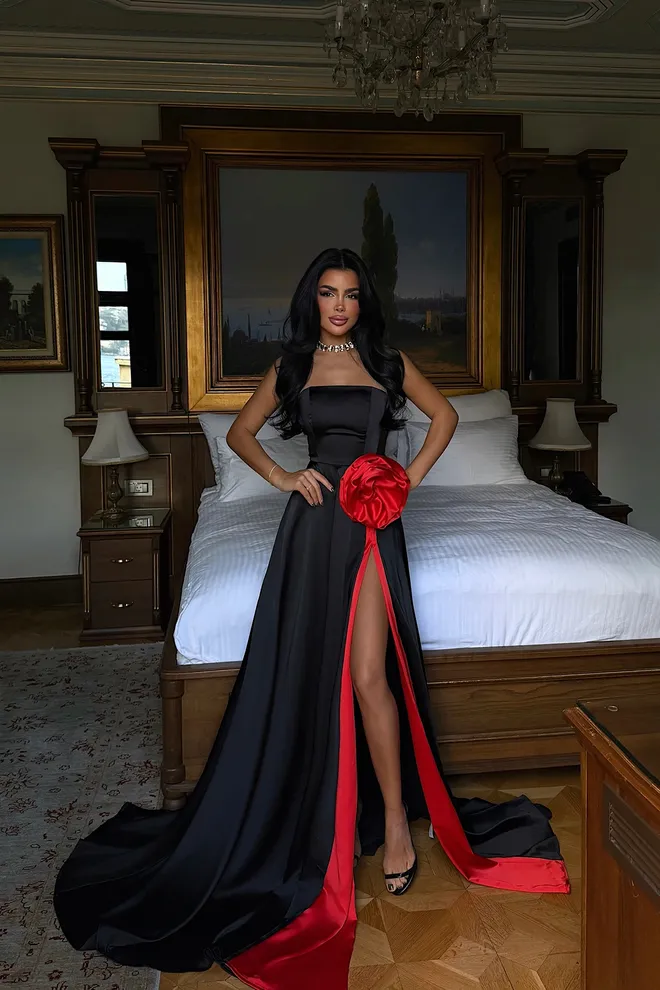 EYYO ATELIER Eleganten Črn Slip Obleka S Kapa Rokavi Oblačila na debelo Formalno