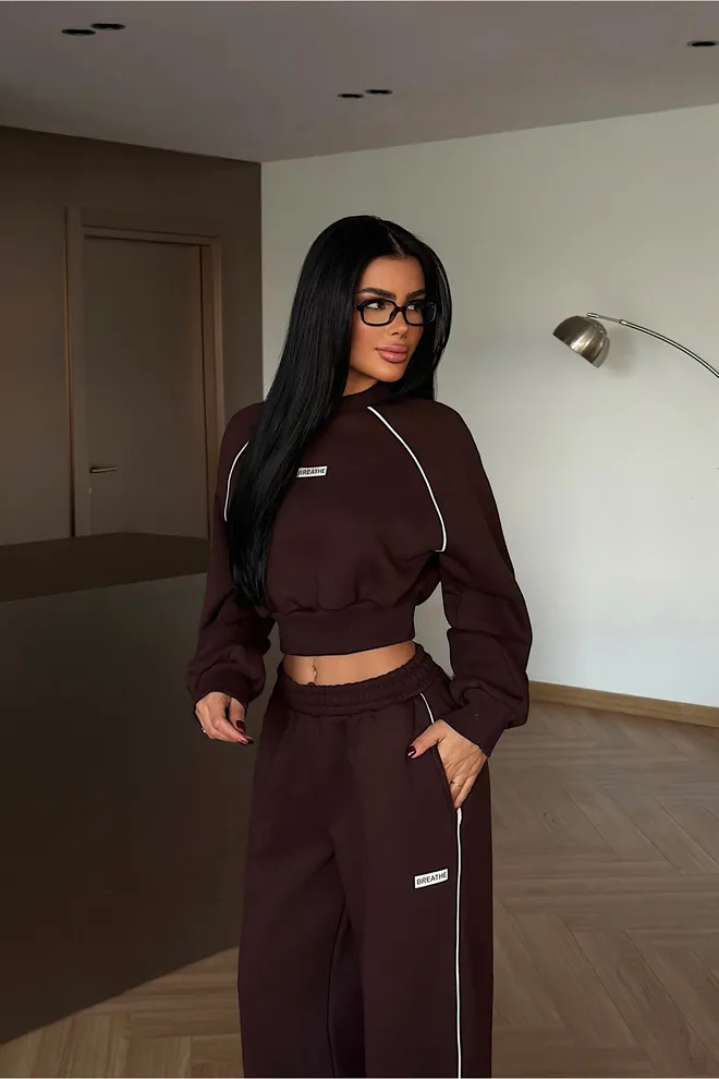 EYYO ATELIER Brown Oversized Fit Sports Tracksuit With Drawstring Jogger Wholesale Clothing Lounge