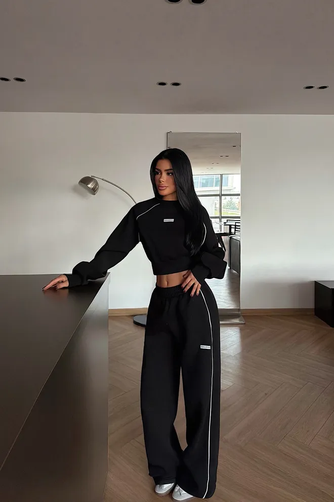 EYYO ATELIER Crna Donji Dio Trenirke Sportski I Casual Oversized Jogger Set Veleprodaja odjeće Ležerni