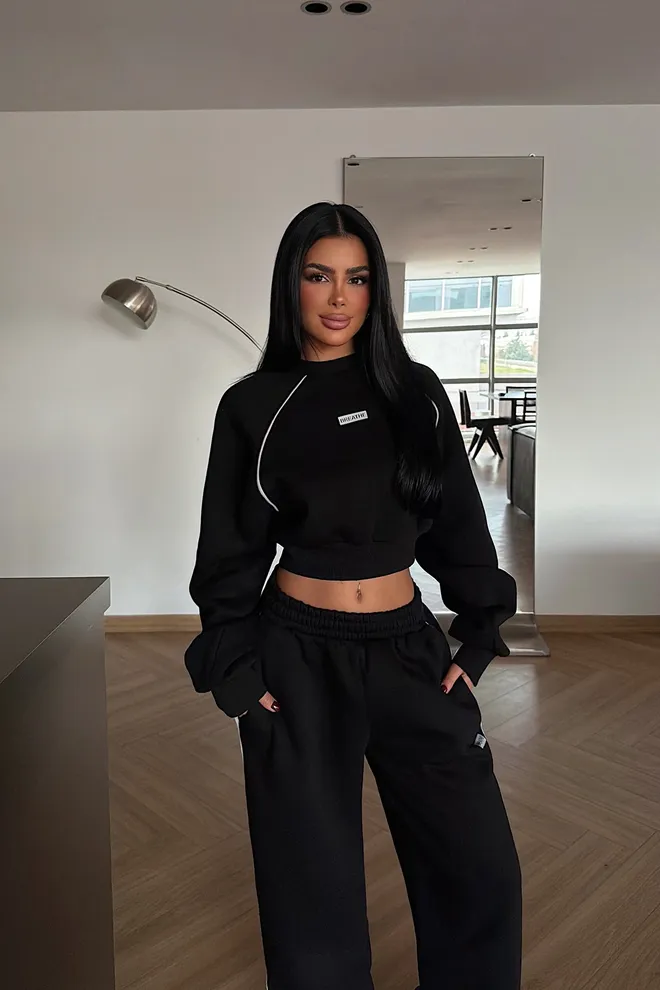 EYYO ATELIER Black Tracksuit Sporty & Casual Oversized Jogger Set Wholesale Clothing Spring