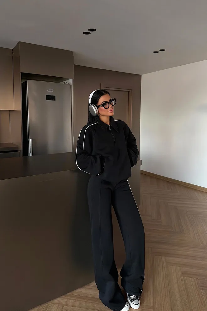 EYYO ATELIER Survêtement Noir Avec Col Polo Et Pantalon Palazzo Jambes Larges Vêtements en gros Décontracté