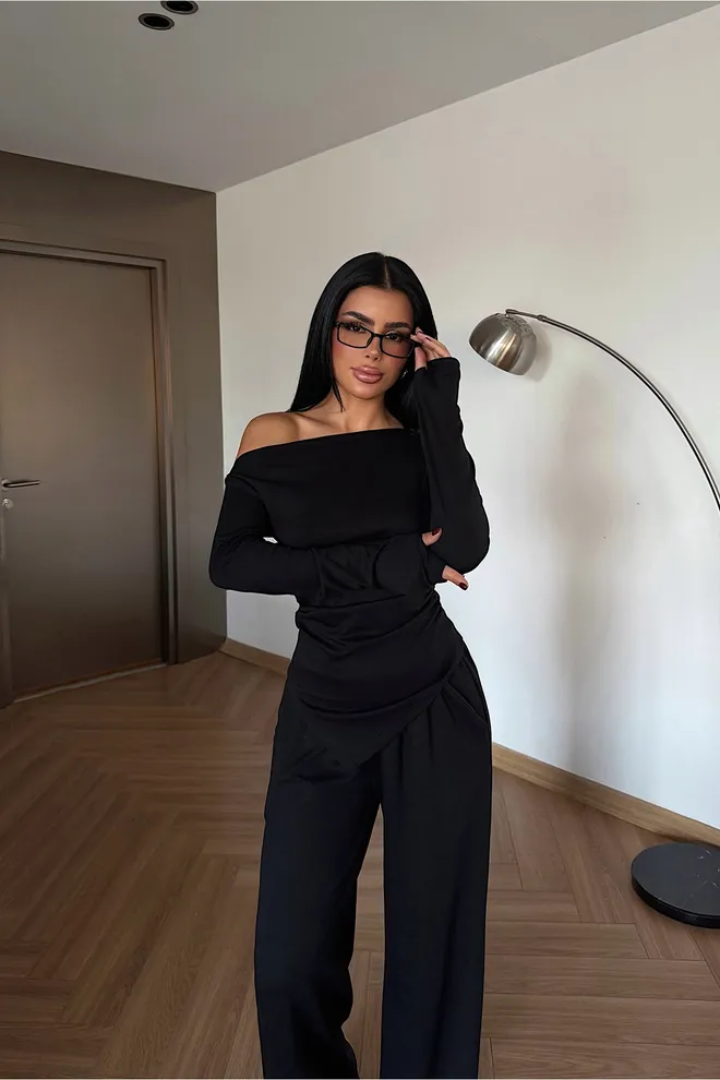 EYYO ATELIER Traje Negro Elegante Formal Con Cuello Sin Hombros Ropa al por mayor 1