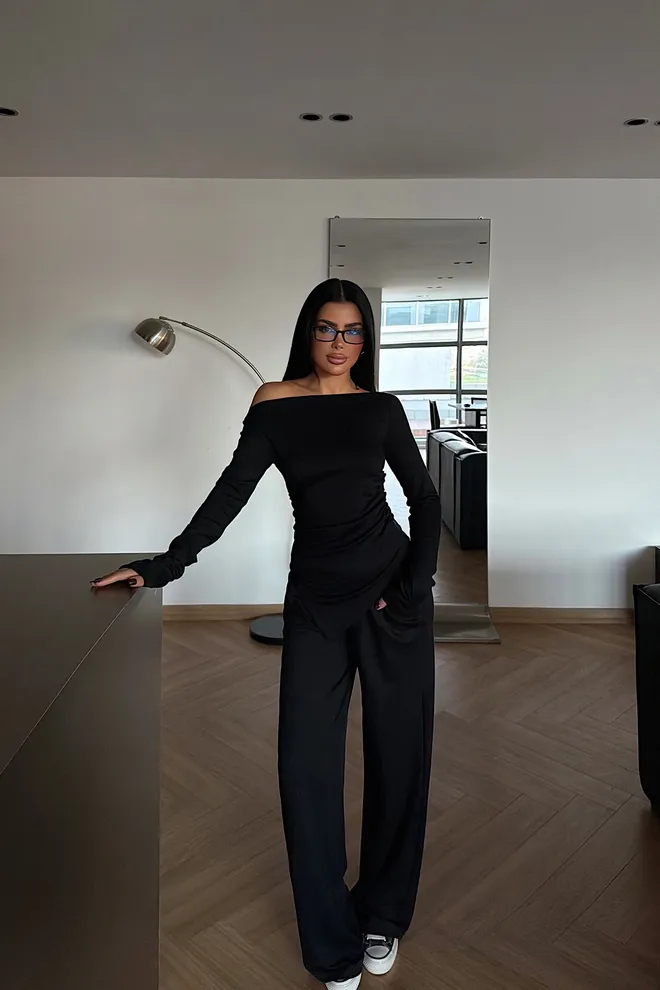 EYYO ATELIER Traje Negro Elegante Formal Con Cuello Sin Hombros Ropa al por mayor Trabajo