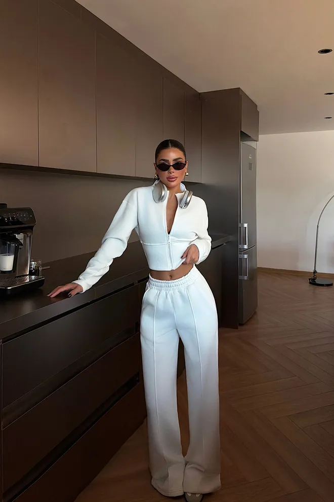 EYYO ATELIER Survêtement Blanc Avec Encolure À Capuche Et Pantalon Palazzo À Jambes Larges Vêtements en gros Décontracté