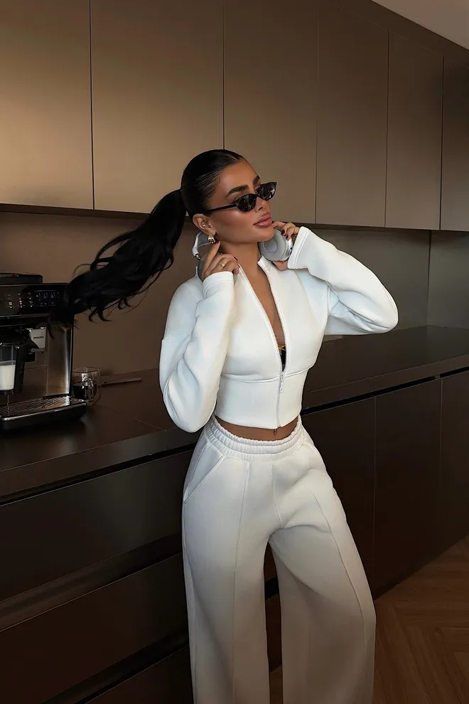 EYYO ATELIER Chándal Blanco Con Cuello Con Capucha Y Pantalones Palazzo De Pierna Ancha Ropa al por mayor 1