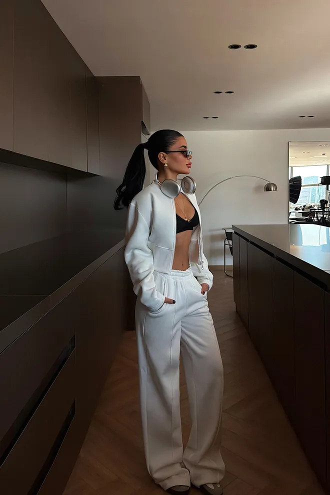 EYYO ATELIER Chándal Blanco Con Cuello Con Capucha Y Pantalones Palazzo De Pierna Ancha Ropa al por mayor Salón