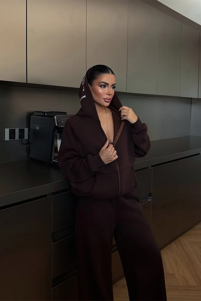 EYYO ATELIER Brown Oversized Fit Tracksuit With Hooded Neck Wholesale Clothing Lounge