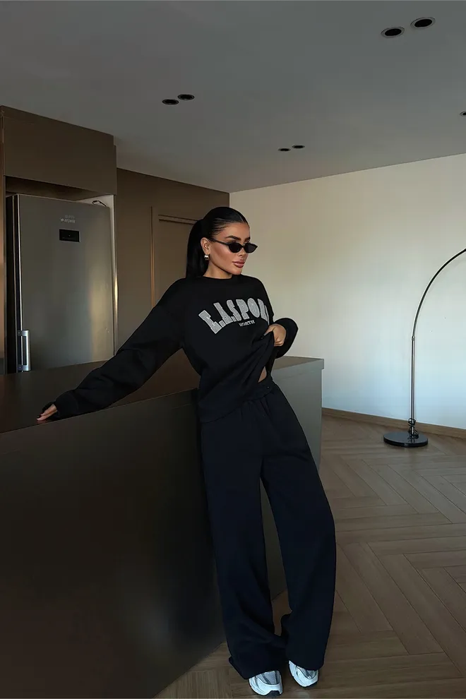 EYYO ATELIER Μαύρη Αθλητική Φόρμα Μεγάλης Εφαρμογής Με Εκτύπωση Γραμμάτων Χονδρικό εμπόριο ενδυμάτων Casual