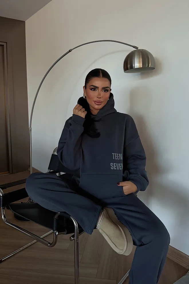 EYYO ATELIER Black Tracksuit With Hooded Neck & Kangaroo Pocket Wholesale Clothing Lounge