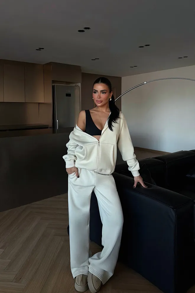 EYYO ATELIER Beige Tracksuit Casual Sport Zip Up Hooded Neck Wholesale Clothing Casual