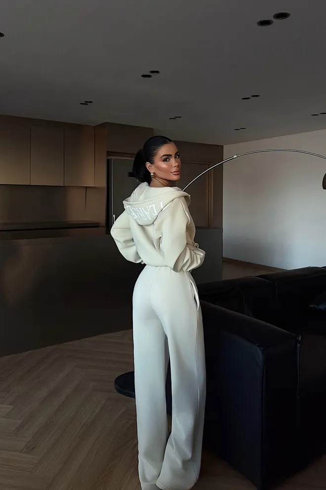 EYYO ATELIER Бежов Анцуг Комплект Небрежен Спорт Цип Качулка Дрехи на едро Пролет