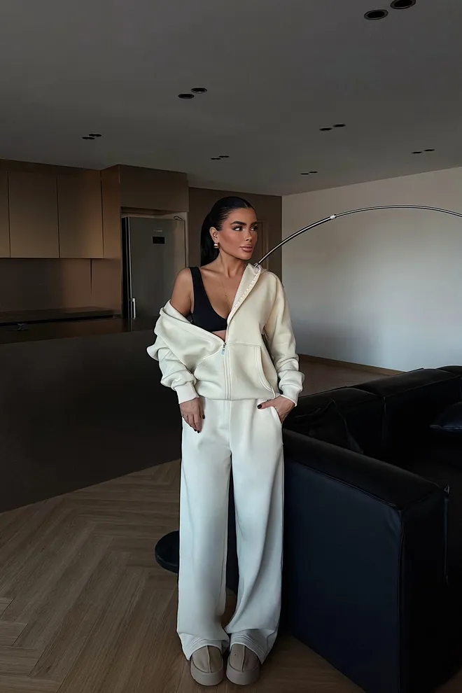 EYYO ATELIER Бежов Анцуг Комплект Небрежен Спорт Цип Качулка Дрехи на едро Свободно време