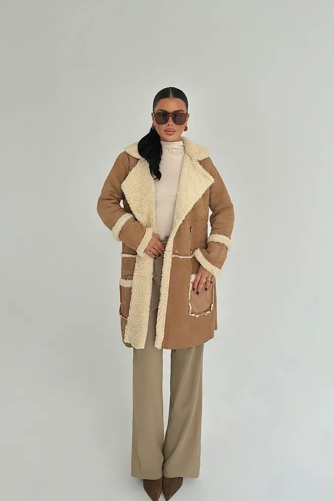 EYYO ATELIER Cappotto Lungo Marrone Monopetto Con Colletto Dentellato Abbigliamento all'ingrosso Casuale