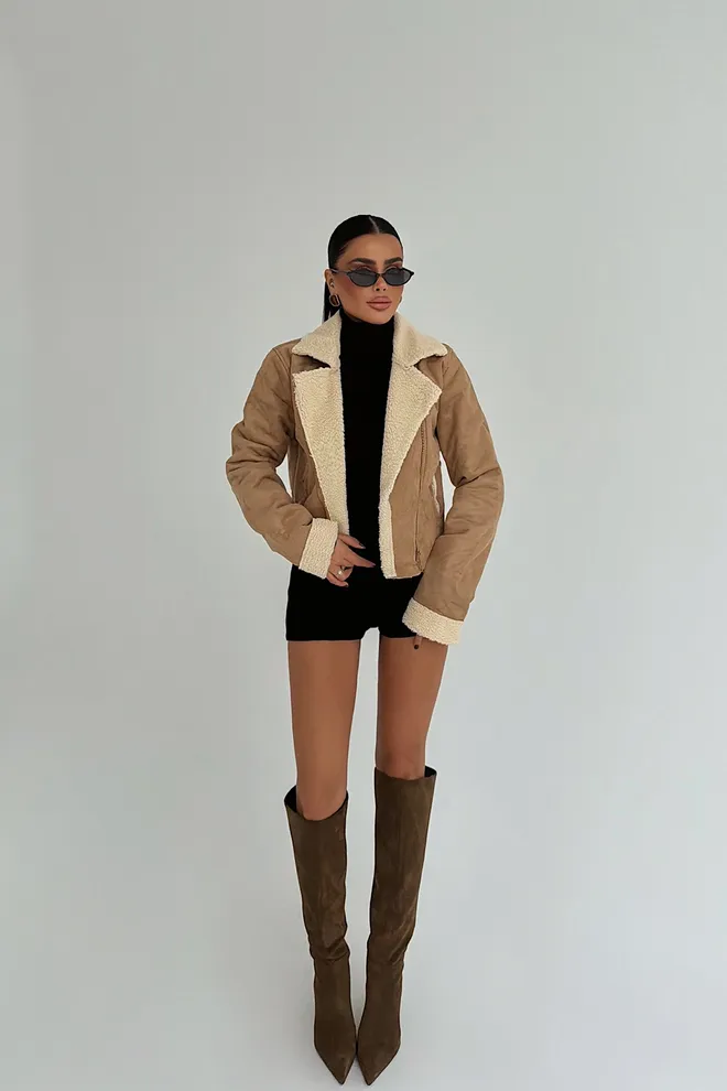 EYYO ATELIER Бежевая Байкерская Куртка Slim Fit С Карманом На Молнии Оптовая продажа одежды 1