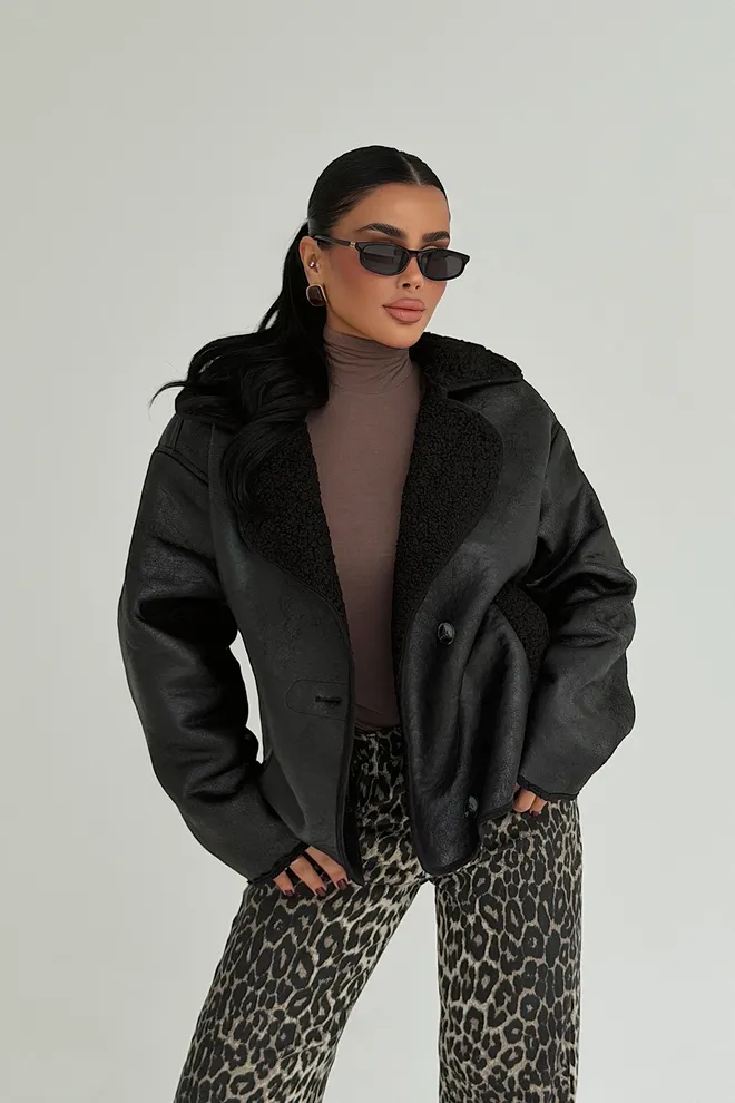 EYYO ATELIER Črna Blazer Z Dvojnim Zapenjanjem Jakna Oblačila na debelo Ležerno