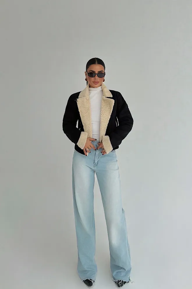 EYYO ATELIER Черный Бомбер Куртка С Карманом На Молнии И Зубчатым Воротником Оптовая продажа одежды 1