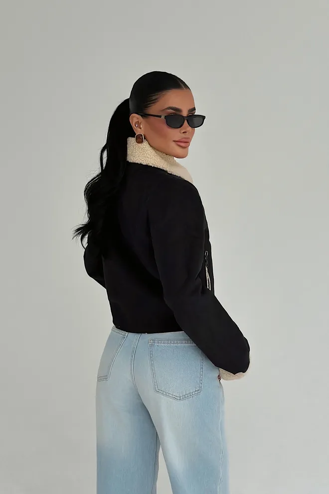 EYYO ATELIER Черный Бомбер Куртка С Карманом На Молнии И Зубчатым Воротником Оптовая продажа одежды Бездельничать