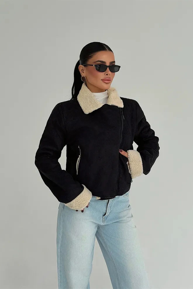 EYYO ATELIER Черный Бомбер Куртка С Карманом На Молнии И Зубчатым Воротником Оптовая продажа одежды Повседневный