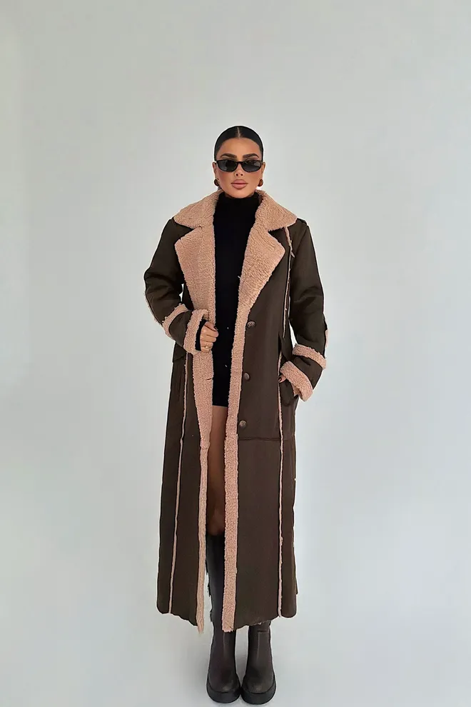 EYYO ATELIER Cappotto Avvolgente Marrone Slim Fit Con Colletto Dentellato Abbigliamento all'ingrosso Casuale