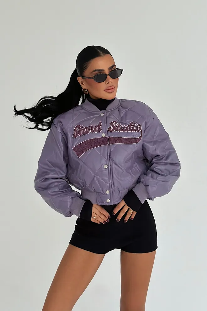EYYO ATELIER Chaqueta Varsity Acolchada Morada Oversized Crop Ropa al por mayor Casual