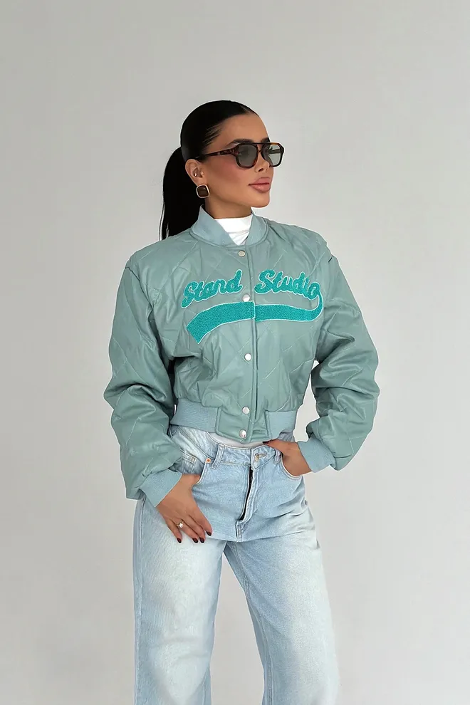 EYYO ATELIER Jaqueta Varsity Azul Acolchoado Liso Tamanho Grande Roupas por atacado Casual