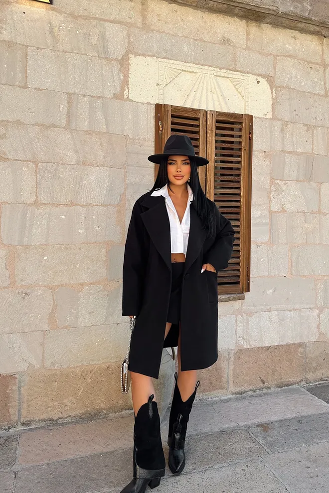 EYYO ATELIER Cappotto Nero Elegante Oversize Monopetto Abbigliamento all'ingrosso Casuale