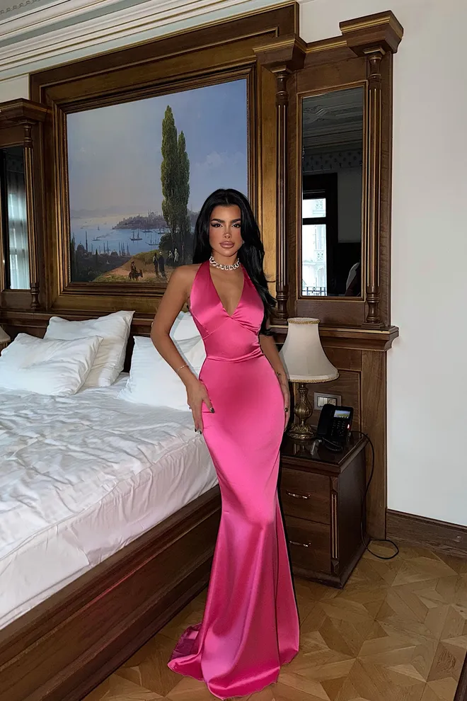 EYYO ATELIER Рокля Розово Елегантен Макси Тип Комбинезон С Тип Халтер Дрехи на едро Секси