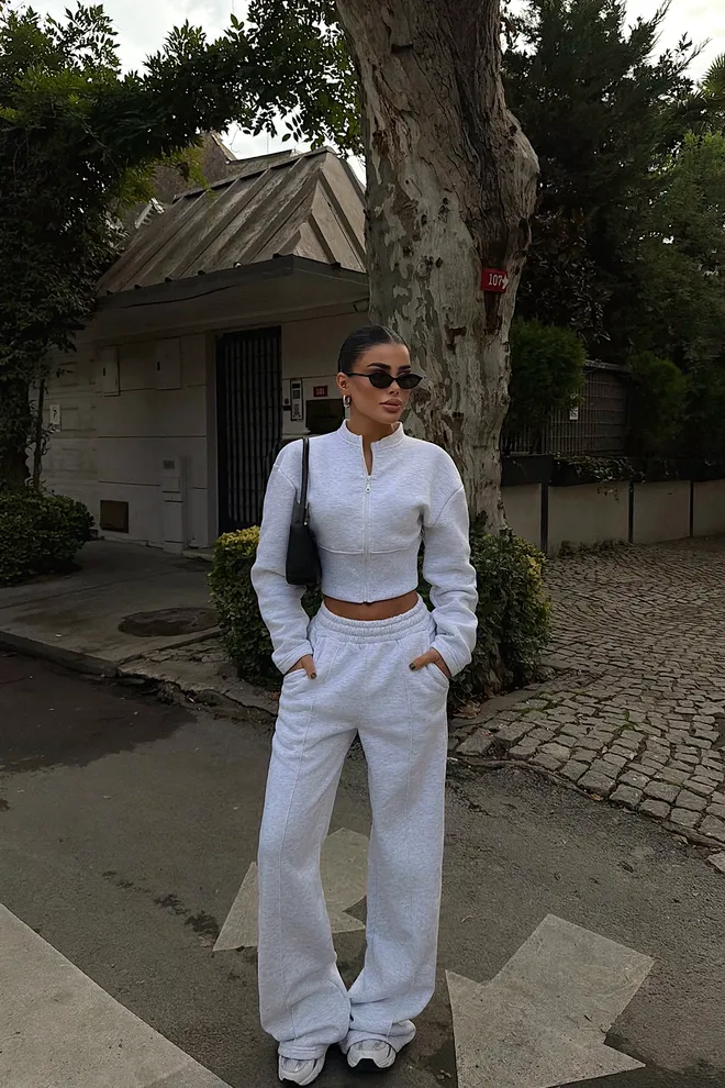 EYYO ATELIER Grey Tracksuit With High Neck And Wide Leg Joggers Wholesale Clothing 1