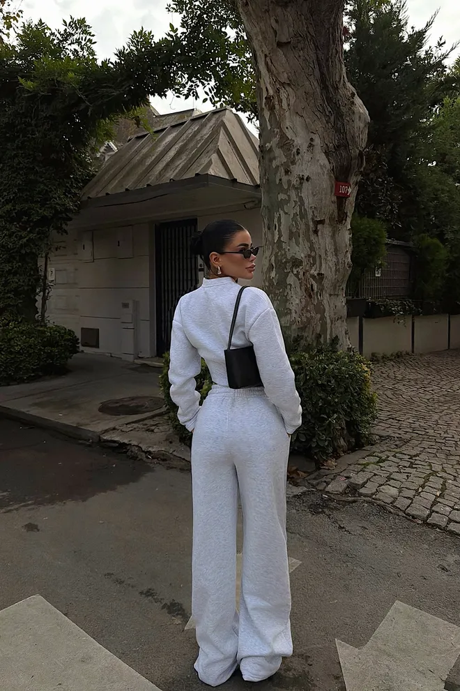 EYYO ATELIER Grey Tracksuit With High Neck And Wide Leg Joggers Wholesale Clothing Sport