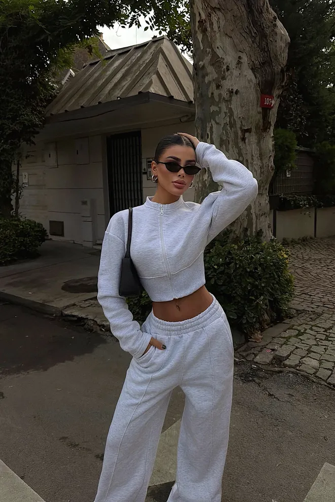 EYYO ATELIER Grey Tracksuit With High Neck And Wide Leg Joggers Wholesale Clothing Lounge