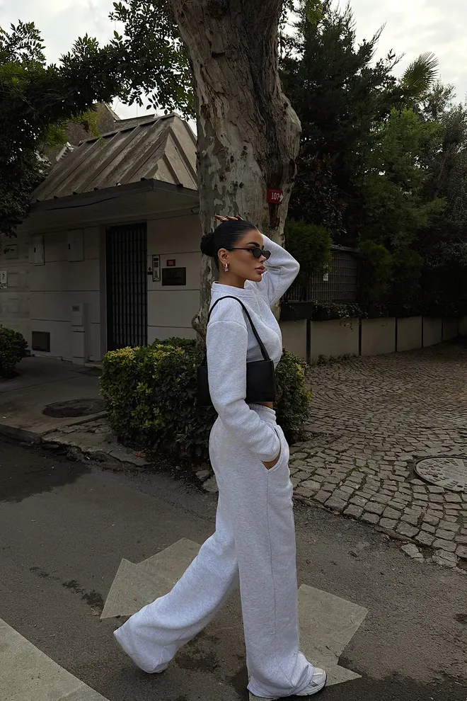 EYYO ATELIER Grey Tracksuit With High Neck And Wide Leg Joggers Wholesale Clothing Spring