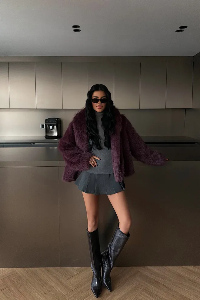 EYYO ATELIER Bordo Kürk Ceket Toptan Giyim Gündelik