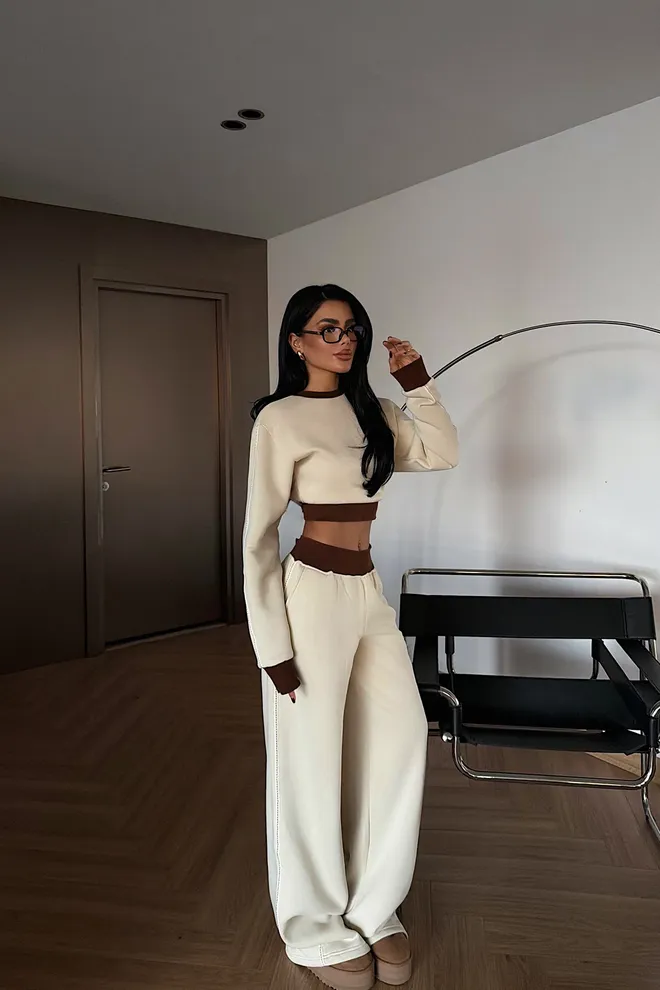 EYYO ATELIER Beige Trainingsanzug Lässig Streetwear Sport Pull On Großhandelskleidung Lässig