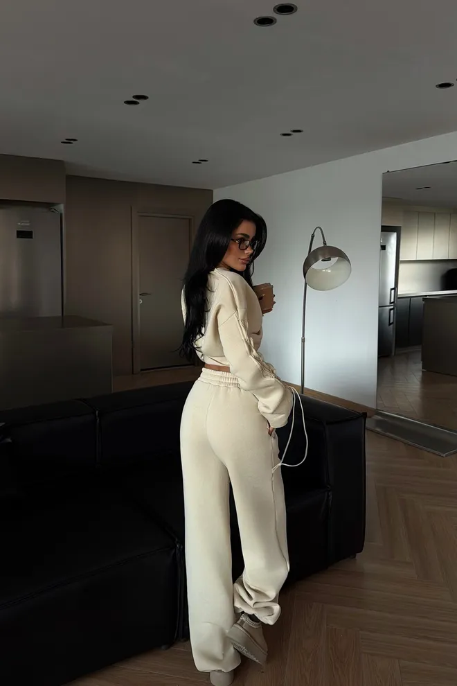 EYYO ATELIER Beżowy Casualowy Sportowy Komplet Z Joggerami Hurtowa sprzedaż odzieży Wiosna